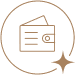 A minimalist brown line icon of a wallet enclosed in a circular outline with a sparkle accent in the lower-right corner.