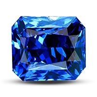 Emerald-cut blue sapphire gemstone with deep royal blue hue on a transparent background.