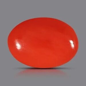 A smooth, oval-shaped red gemstone with a glossy surface, set against a solid gray background.