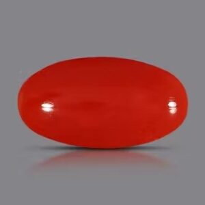 A smooth, oval-shaped red gemstone with a glossy surface, set against a solid gray background.