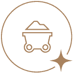 Mining cart filled with minerals inside a circular outline with a sparkle symbol.