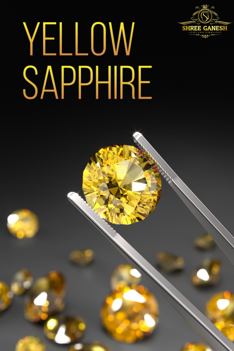 Round-cut Yellow Sapphire gemstone held by tweezers with scattered yellow sapphires in the background