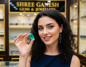 Woman holding a large  Emerald (Panna) gemstone at Shree Ganesh Gems & Jewellery showroom.