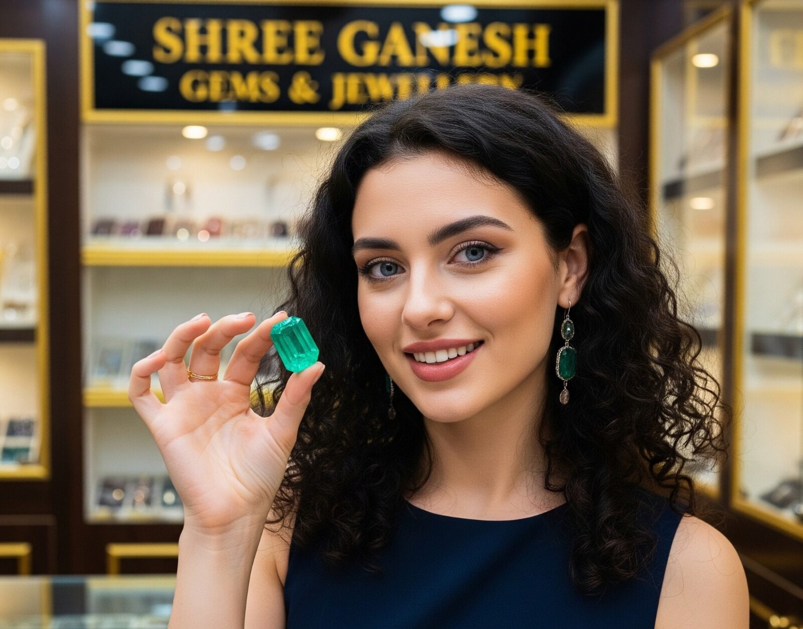 Woman holding a large  Emerald (Panna) gemstone at Shree Ganesh Gems & Jewellery showroom.