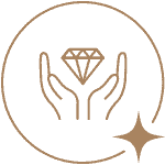 Hands holding a diamond inside a circular outline with a sparkle symbol.