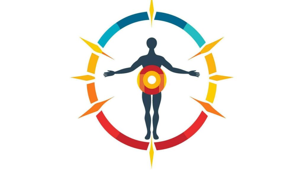 Human energy field and chakra balance illustration showing body alignment with colorful aura and healing energy zones.
