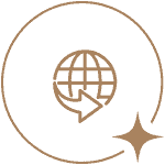 Globe with an arrow circling it inside a circular outline with a sparkle symbol.