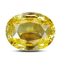 Oval-cut yellow sapphire gemstone with high brilliance on a transparent background.
