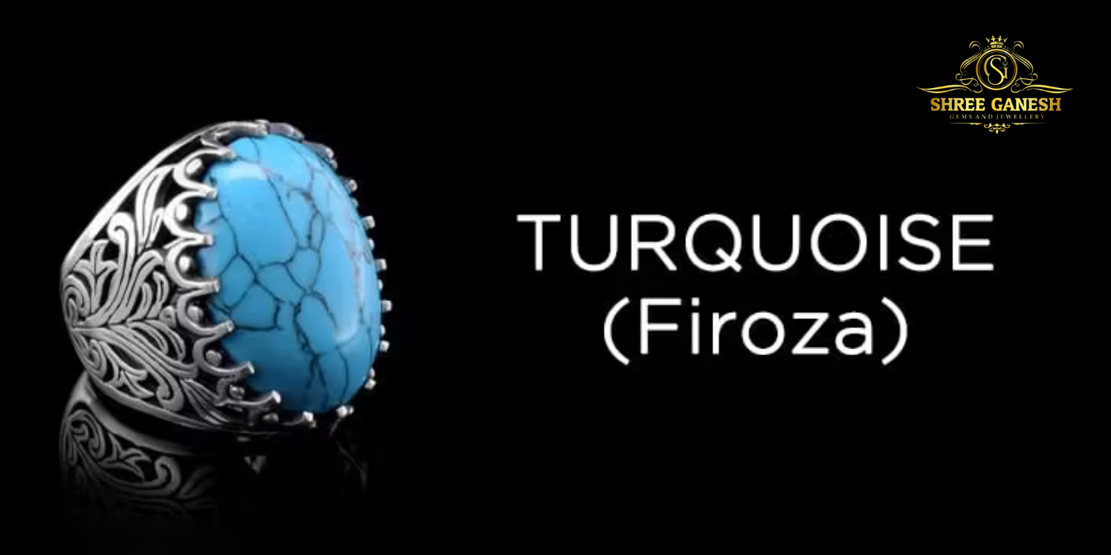 Firoza stone (Turquoise) silver ring on wooden surface – natural gemstone known as the gem of luck and success from Shree Ganesh Gems and Jewellery.