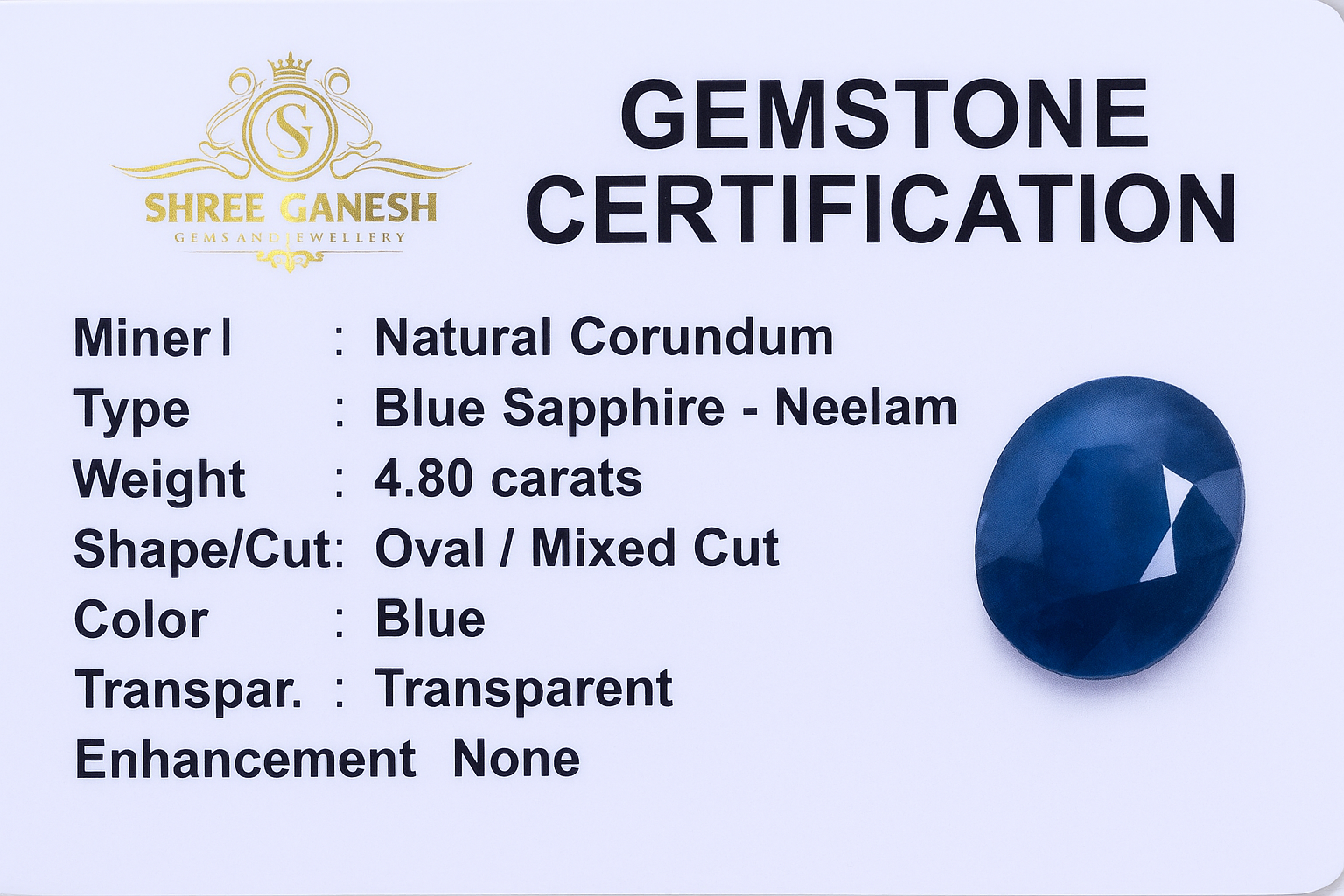 Gemstone certification card from Shree Ganesh Gems and Jewellery displaying details of a 4.80-carat natural Blue Sapphire (Neelam) verified for authenticity.