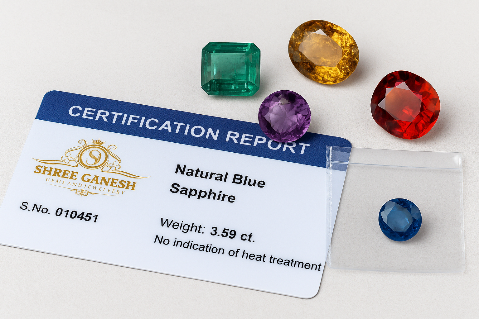 A showcase of certified gemstones from Shree Ganesh Gems and Jewellery, Pune, featuring authentic natural stones with gemstone certification cards for trust and purity.