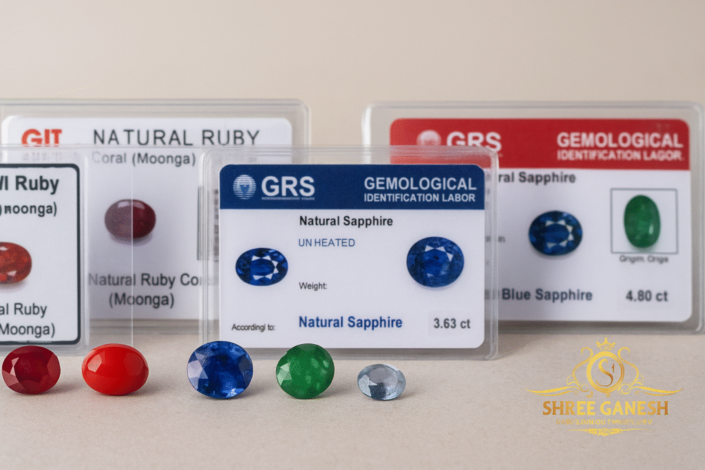 A showcase of certified gemstones from Shree Ganesh Gems and Jewellery, Pune, featuring authentic natural stones with gemstone certification cards for trust and purity.