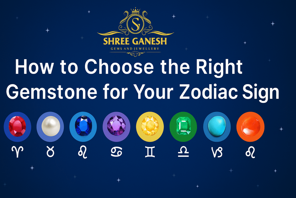 Zodiac-wise Right Gemstone chart with natural certified gemstones displayed in a circular zodiac wheel design by Shree Ganesh Gems and Jewellery, Pune.