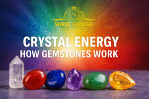 Crystal energy visual showing glowing natural gemstones arranged on an energy wave background with the Shree Ganesh Gems and Jewellery logo, representing how gemstones work through vibration and frequency.