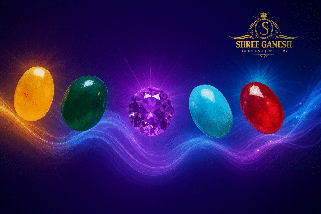 Crystal energy visual showing glowing natural gemstones arranged on an energy wave background with the Shree Ganesh Gems and Jewellery logo, representing how gemstones work through vibration and frequency.