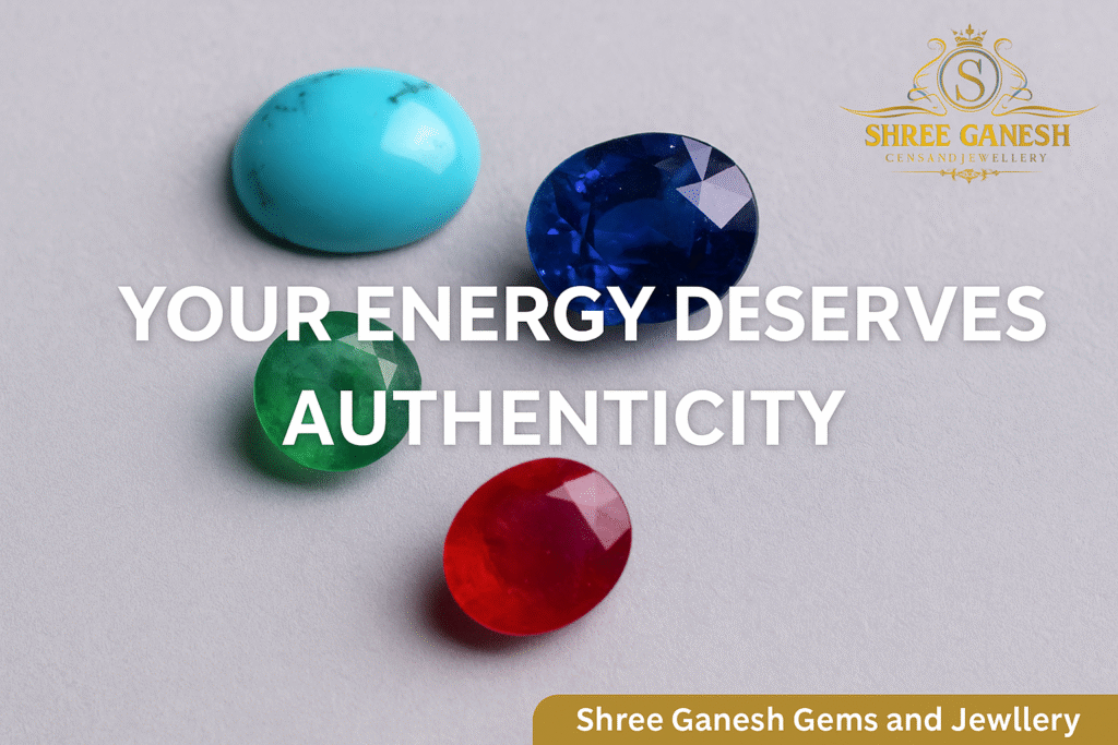 A detailed comparison of real vs fake gemstones by Shree Ganesh Gems and Jewellery, Pune, showing authentic certified natural stones beside synthetic imitations.