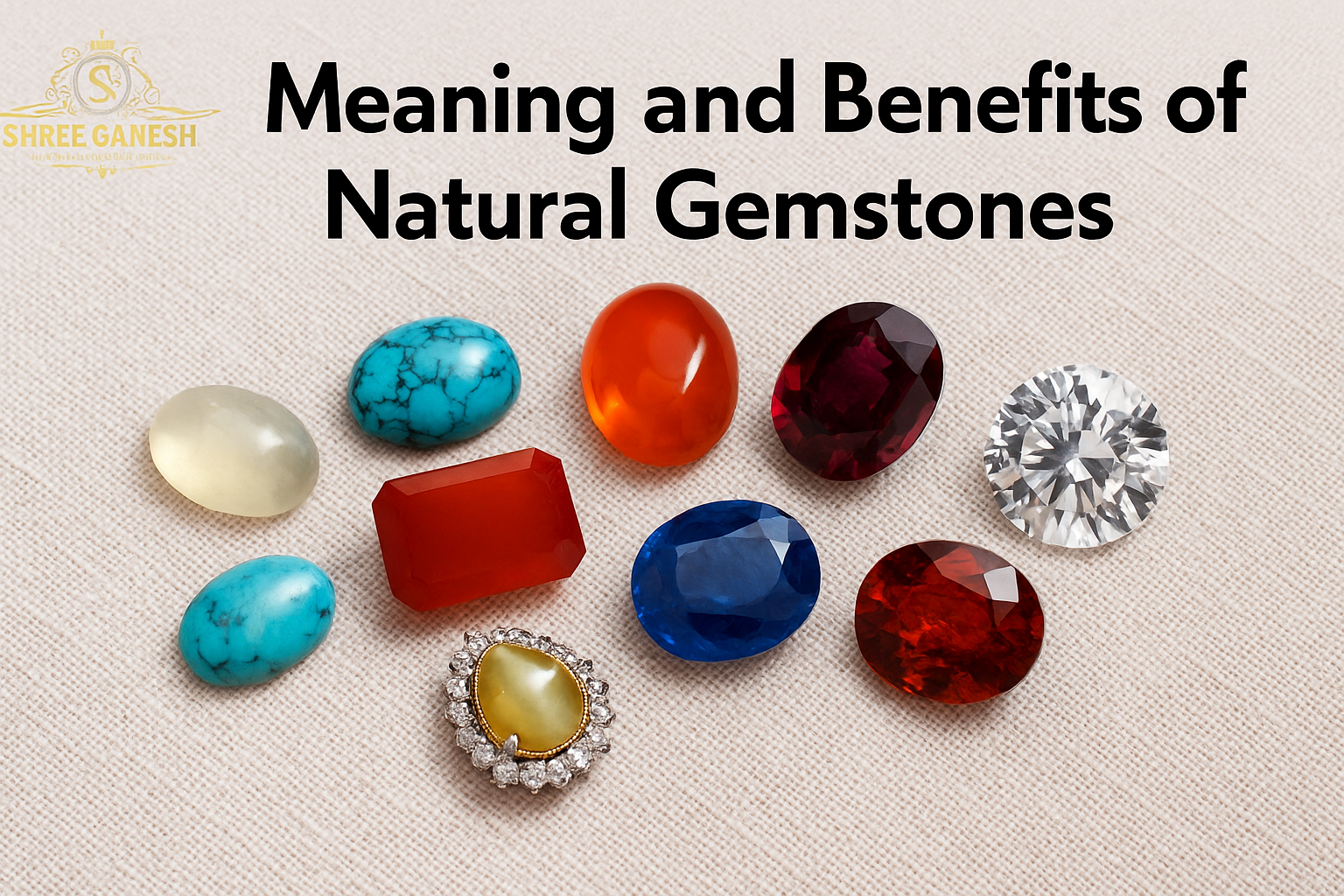A detailed comparison of real vs fake gemstones by Shree Ganesh Gems and Jewellery, Pune, showing authentic certified natural stones beside synthetic imitations.